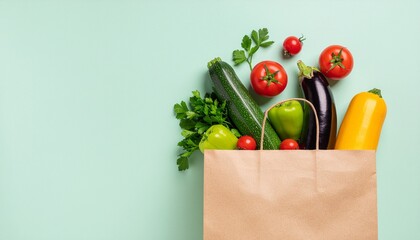 Fresh, vibrant vegetables and organic produce spilling from an eco-friendly paper bag, perfect for healthy eating and sustainable grocery shopping
