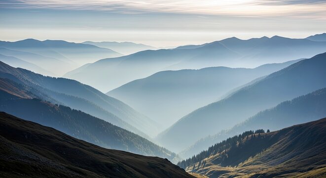 A scenic view of a mountain range with layers of peaks shrouded in morning mist or haze. The soft light creates a tranquil and serene atmosphere. - Powered by Adobe