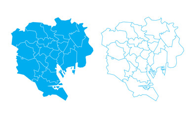 Detailed blue vector map of Tokyo Special Wards divided into 23 districts on white background