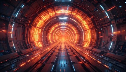 Abstract Sci-Fi Energy Tunnel with Flame Effects in Futuristic Digital Fractal Art 3D Background