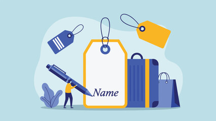 Person writing their name on a large luggage tag in a conceptual illustration about travel, identification, and journey.