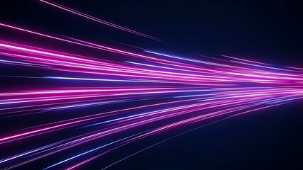 Abstract background with neon light trails in pink and blue moving at high speed on dark surface