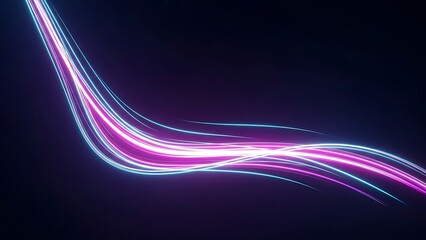 Glowing neon light trails in pink and blue colors curving across a dark background creating a dynamic effect