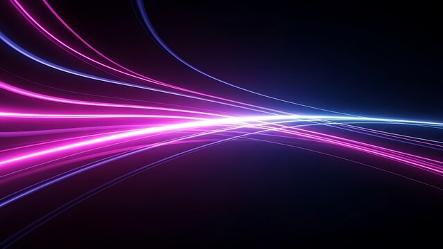 Abstract background with glowing neon light trails in shades of pink and blue on dark backdrop