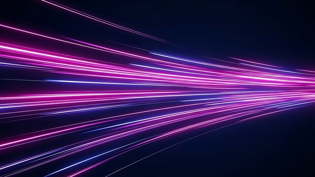 Abstract background with neon light trails in pink and blue moving at high speed on dark surface