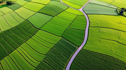 An aerial view showcases a patchwork of vibrant green fields intersected by a winding road, creating a dynamic agricultural landscape under a sunny sky.