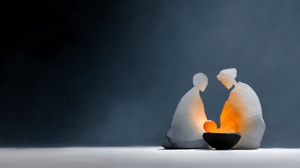 Obraz premium Stylized watercolor figures of a family around a glowing infant in a manger