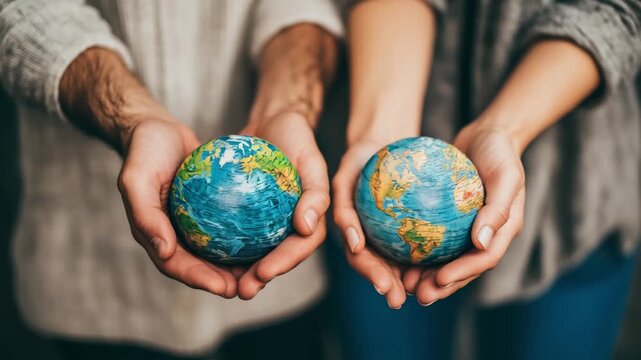 Two individuals showcase globes of Earth in a warm indoor atmosphere, highlighting themes of unity and global awareness