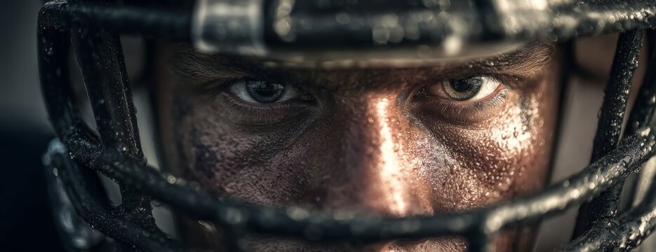 Intense male American football player focused with helmet, close-up photo