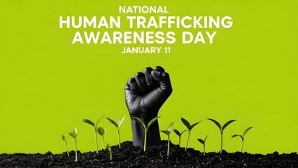 Human trafficking awareness day with rising hand and seedlings