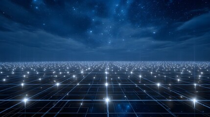 A vast digital grid with glowing nodes extends under a starry cosmic night sky symbolizing interconnectedness and future technology