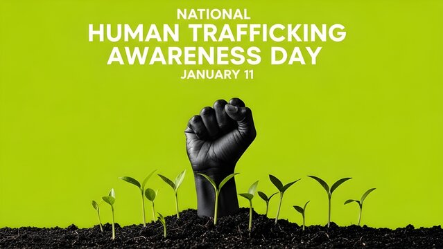 Human trafficking awareness day with rising hand and seedlings