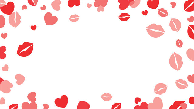 Romantic frame background made of scattered red and pink hearts and lipstick kisses, perfect for Valentine's Day messages.