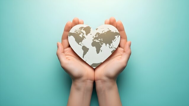 Hands holding heart shaped world map on blue background