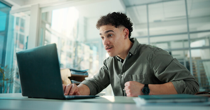 Surprise, man and reading with laptop in office for good news, announcement and article nomination. Shock, male journalist and pc for unexpected recognition, winning best feature and story award