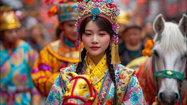 Asian woman in traditional attire leading horse during festival parade  