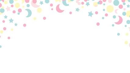 Cute baby shower or birthday party background with a top border of pastel confetti shapes like stars, moons, and dots.