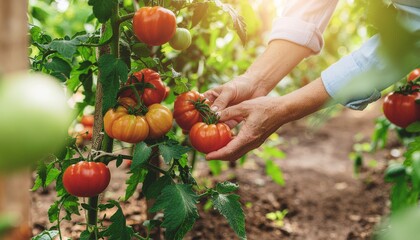Harvesting Ripe Heirloom Tomatoes in a Garden A Celebration of Fresh, Organic Produce