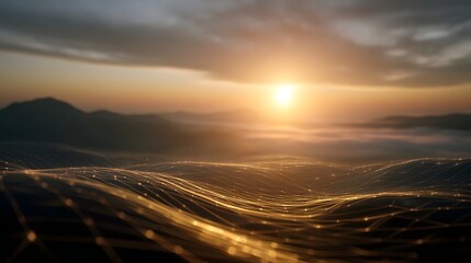 Futuristic golden hour sunrise over misty mountains with glowing digital network overlay