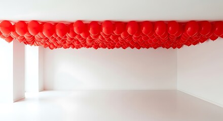 Vibrant red balloons adorning a white room ceiling creating a festive and joyful atmosphere