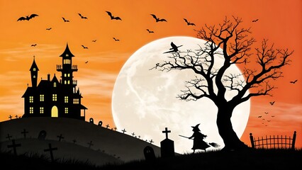 Spooky silhouette of a haunted house and a witch standing near a dead tree under a huge full moon with bats flying in the orange night sky for halloween celebration