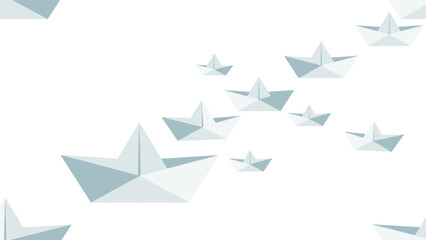 Fototapeta premium Minimalist background with a fleet of light blue origami paper boats floating across a clean white space, symbolizing teamwork or a journey.