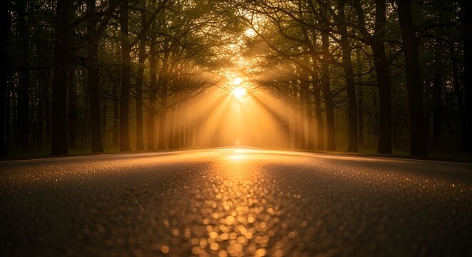 Golden hour light illuminates a tranquil forest road, casting stunning reflections and long shadows on its surface, evoking peaceful journeys