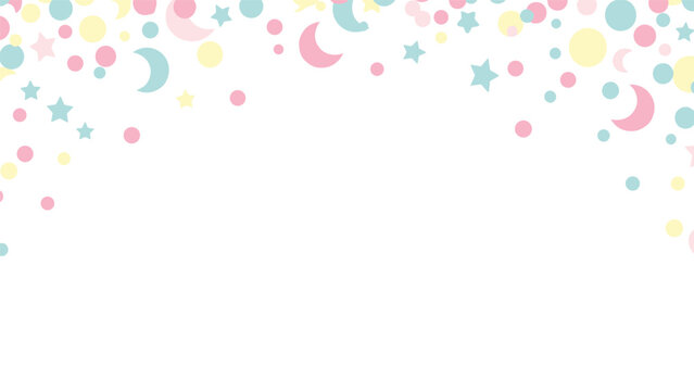 Cute baby shower or birthday party background with a top border of pastel confetti shapes like stars, moons, and dots. - Powered by Adobe