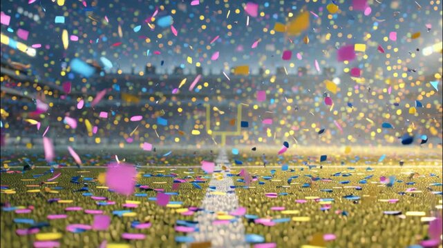 Confetti falling on American football field during celebration  