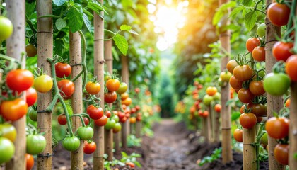 Rows of ripe tomatoes growing on vines in a sun-drenched garden, capturing the essence of fresh produce and healthy eating