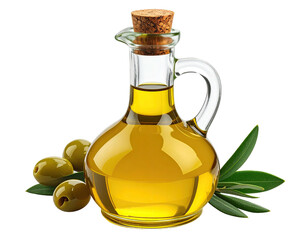 Olive oil in a glass cruet with olives