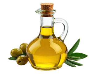 Olive oil in a glass cruet with olives