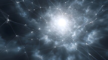 A luminous interconnected digital network of nodes and lines emerges from a bright stormy atmospheric sky