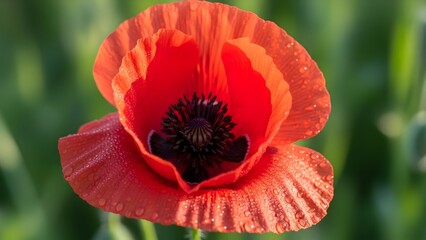 Close up of a vibrant red poppy flower with a dark center and blurred green background