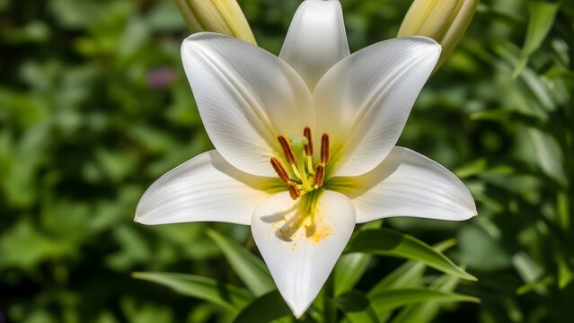 Close up of a beautiful white lily flower blooming in a garden with green foliage background - Powered by Adobe