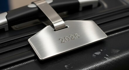 Close up of a metallic luggage tag with the word zara embossed on a black suitcase