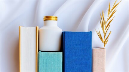 Still life composition featuring a collection of books, a white bottle, and a decorative plant against a backdrop of white fabric.