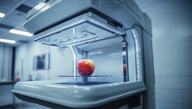 Red and yellow apple inside a modern scientific machine with bright LED lights.