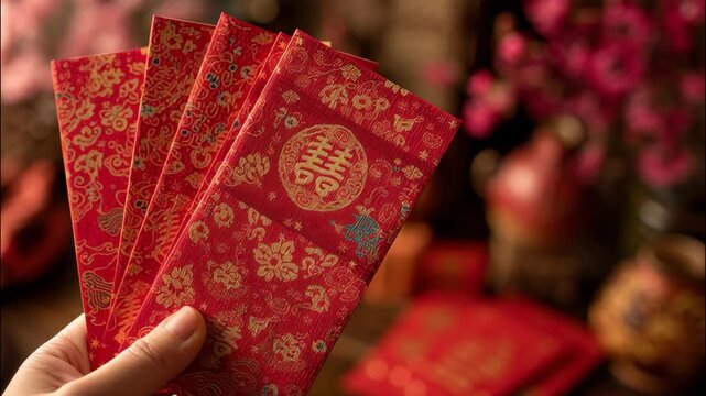 Hand holding red envelopes for Chinese New Year celebration  
