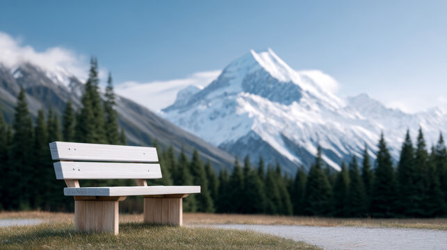 Bench sits peacefully against majestic snow capped mountain backdrop