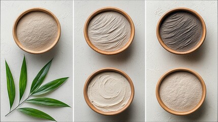 Overhead shot of various bowls filled with different shades of clay, with bamboo leaves, on a white background. Natural and spa concept.