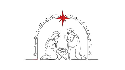 Fototapeta premium Minimalist Nativity Scene Continuous Line Drawing, Red Star of Bethlehem, Religious Christmas Vector, Editable PNG