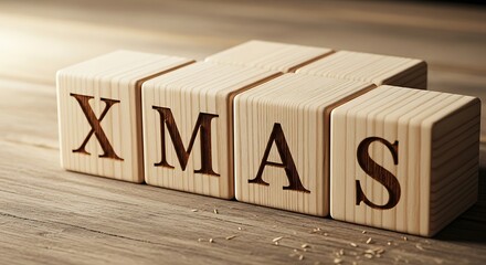 Wooden blocks spelling out xmas on a rustic wooden surface with soft lighting