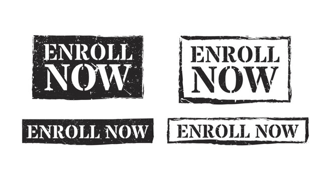 Enroll now black grunge rubber stamp collection vector registration signs