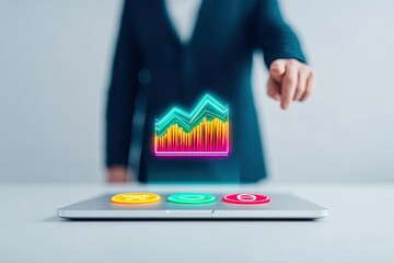 A businessperson points towards a glowing financial chart displayed on a laptop, symbolizing data analysis and business growth indoors.