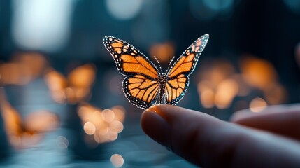 A close-up shot of a butterfly resting on a finger with a blurred bokeh background.