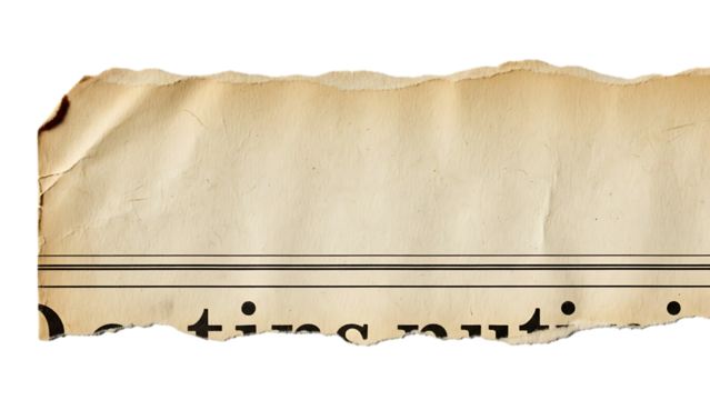 Torn strip of old beige newspaper page isolated on transparent background - Powered by Adobe
