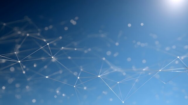 Abstract digital network of glowing nodes and lines against a blue gradient background with bokeh light effects