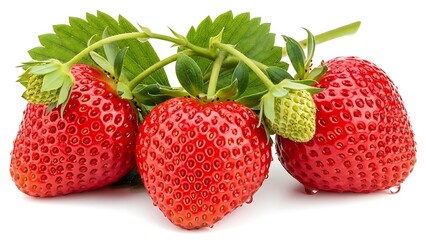 Fresh Red Strawberry Still Life with Green Leaves on White Background