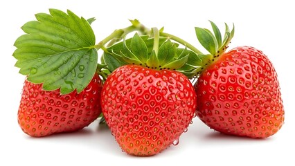 Fresh Red Strawberries with Green Leaves on White Background